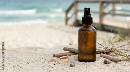 Amber glass salt spray bottle on beach sand with seashells and driftwood. Natural hair care cosmetic product mockup with ocean background
