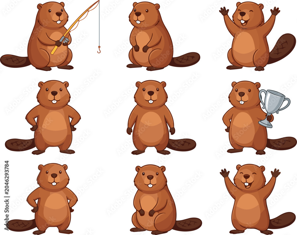 Fototapeta premium Cute Cartoon Beaver Character Set with Various Poses and Activities Including Fishing, Holding a Trophy, and Waving for Children Graphic Designs