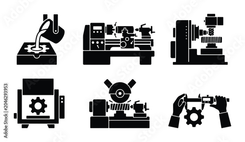 Foto Industrial Machinery Icons Set: Metalworking Lathe, Milling Machine, Foundry, Gr