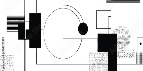 Cuadro en lienzo Abstract black and white geometric composition with shapes, lines, and halftone dots in modern minimalist vector illustration style