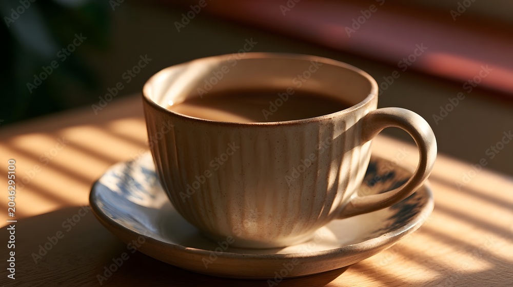 Fototapeta premium A close up shot of a rustic coffee mug bathed in soft morning light conveying a warm and cozy atmosphere