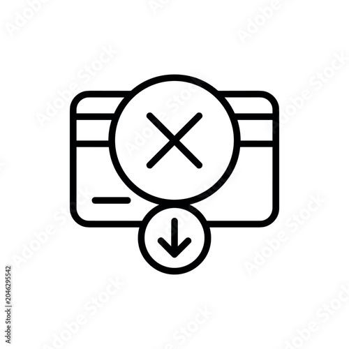 Credit card payment declined icon with cross mark and download arrow for digital banking apps