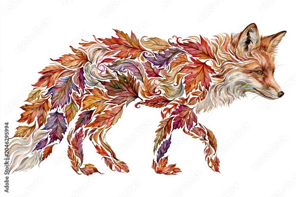 Naklejka premium Watercolor fox made of autumn leaves on white background, artistic illustration