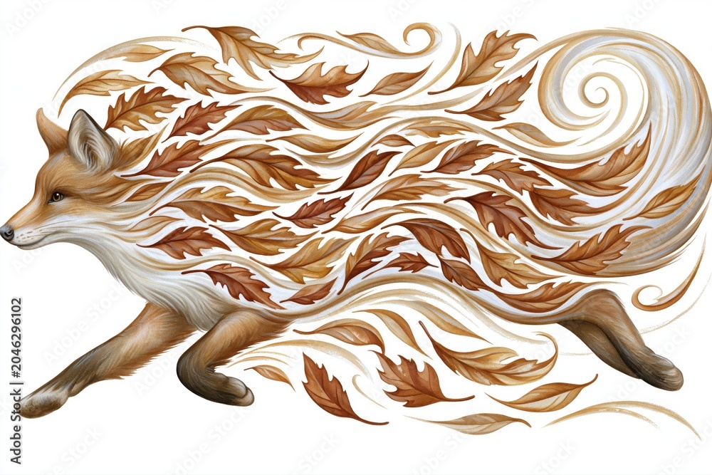 Naklejka premium Artistic fox illustration with flowing autumn leaves on white background