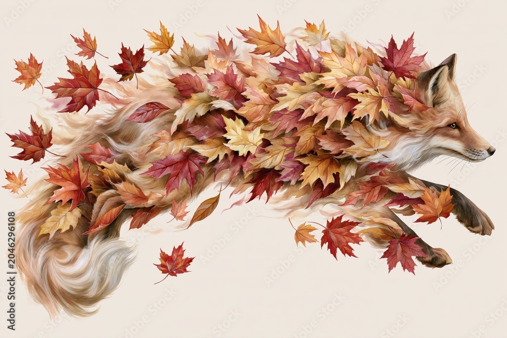 Naklejka premium Fox running with autumn leaves in its fur, against a light background