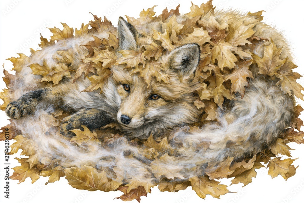 Naklejka premium Red fox curled in autumn leaves, illustration, white background, natural