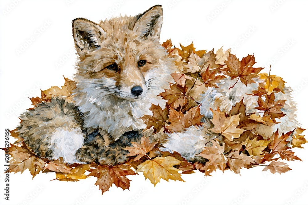 Naklejka premium Watercolor fox resting among fallen autumn maple leaves on white background