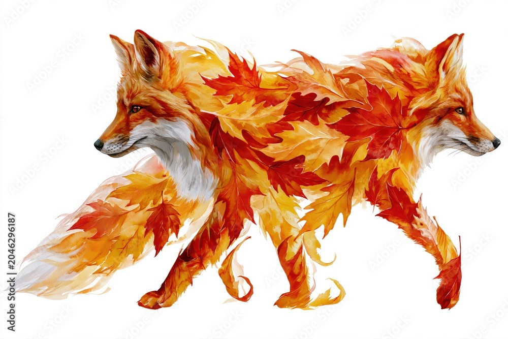 Naklejka premium Artistic watercolor illustration of a fox composed of vibrant autumn maple leaves in warm orange and red hues.