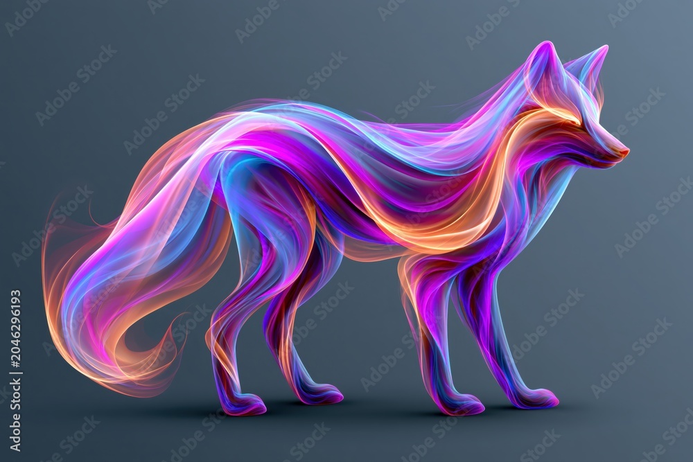 Naklejka premium Abstract fox made of colorful flowing smoke on dark gray background