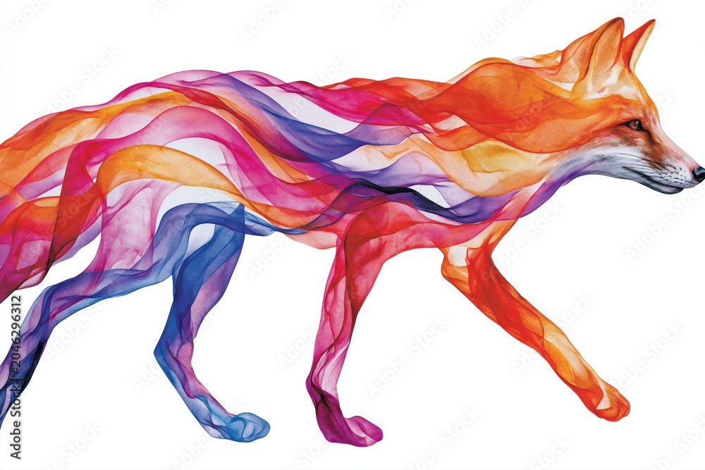 Naklejka premium Fox made of colorful flowing fabric on white background, abstract art