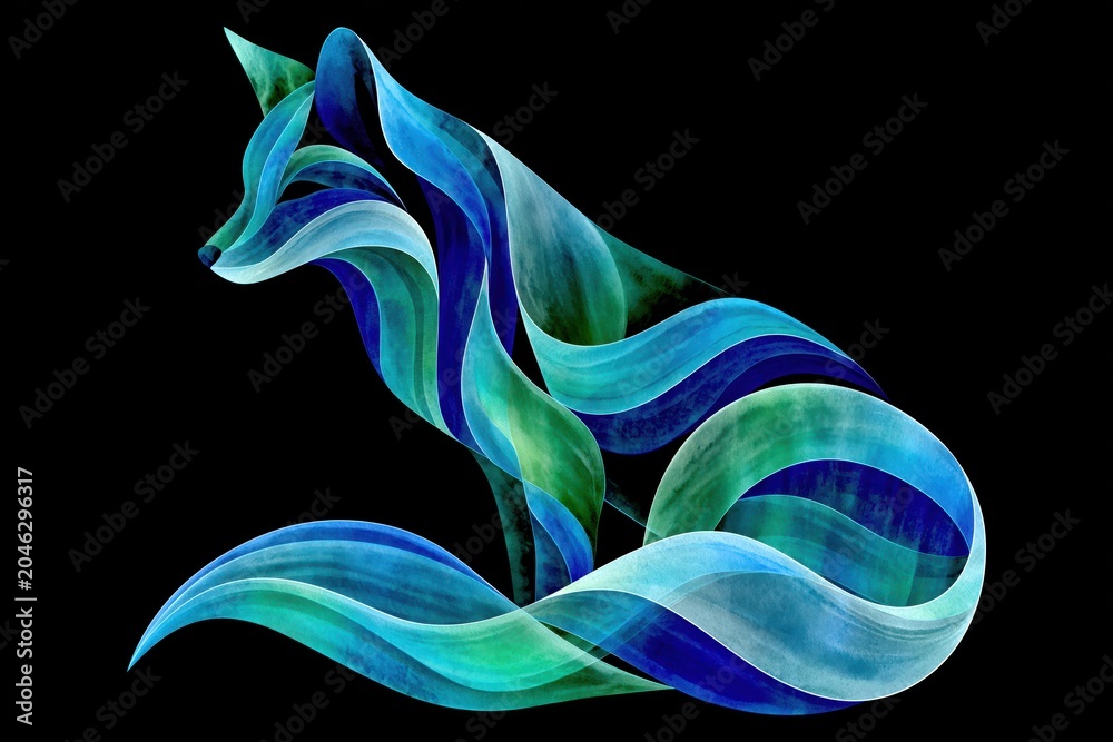 Naklejka premium Abstract blue and green flowing ribbons forming a fox shape on black