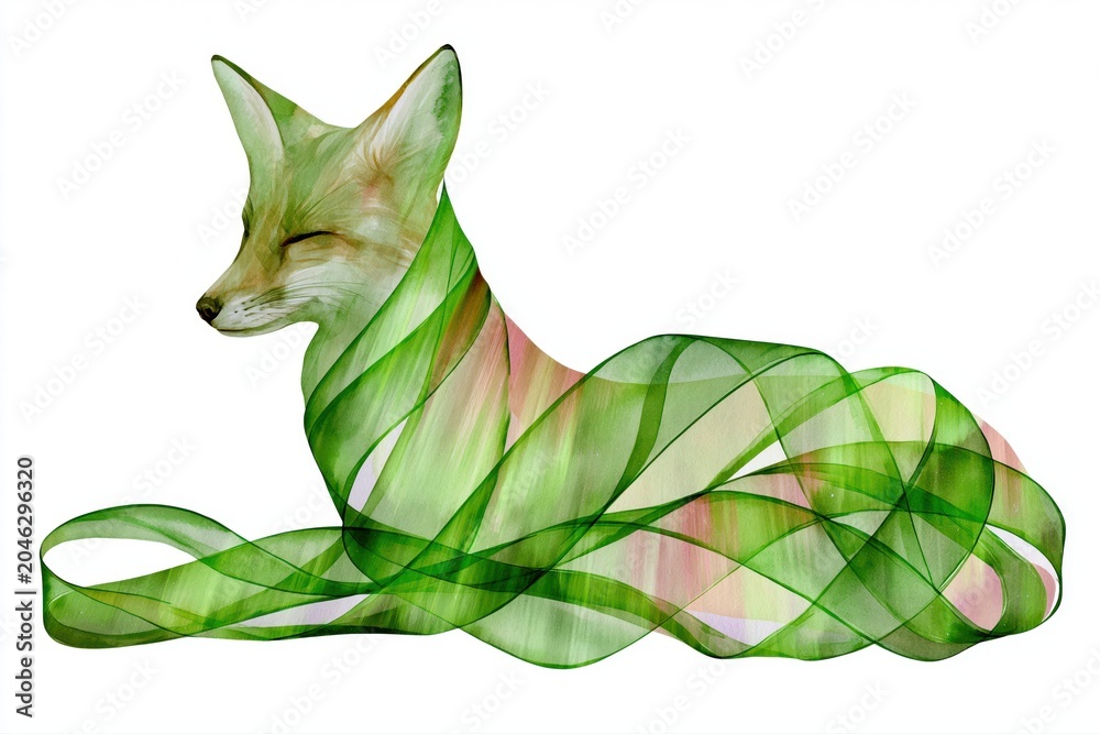 Naklejka premium Watercolor fox with green flowing ribbons against white background