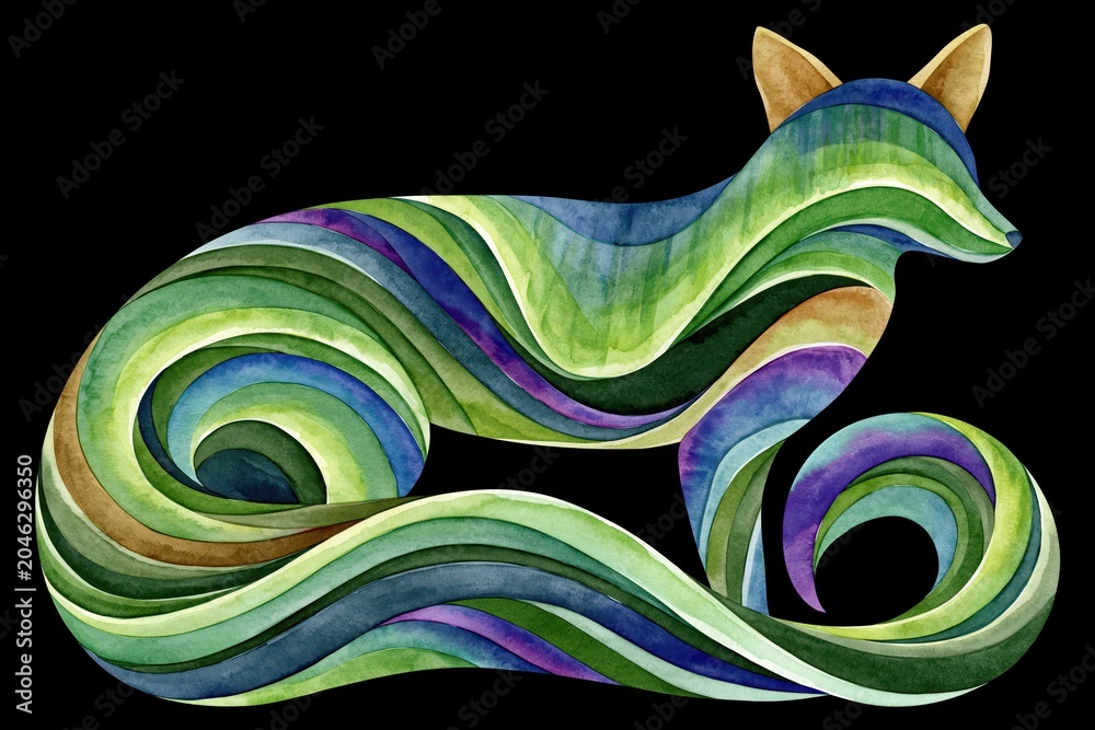 Naklejka premium Abstract watercolor fox illustration with flowing green and blue stripes on black