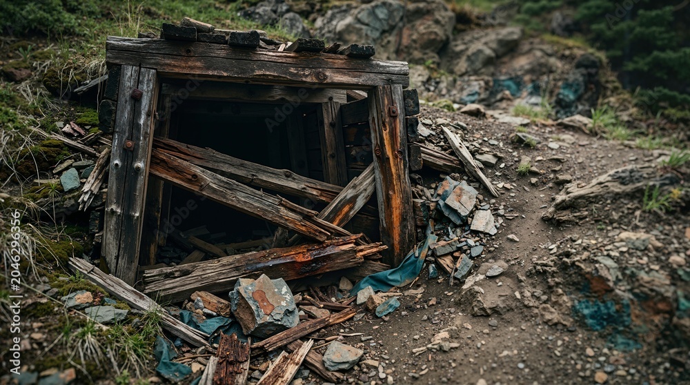 Fototapeta premium Collapsed entrance of an abandoned mine shaft. Weathered wooden timbers framing a dark tunnel on a rocky hillside