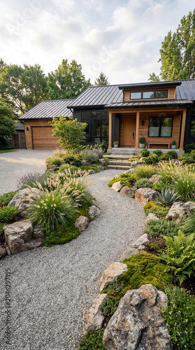 Modern wood house exterior with winding gravel path large rock and ornamental grass in front yard landscaping