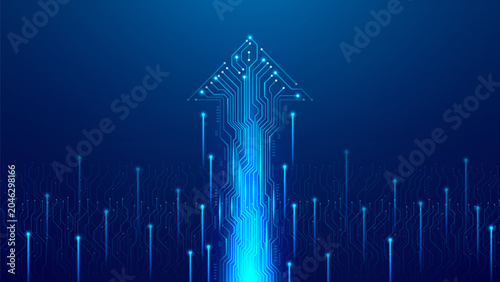 Abstract digital arrow with circuit board lines. Digital data flow concept. Vector illustration with growing technology stream in arrow shape. Futuristic digital concept of tech connection and growth.