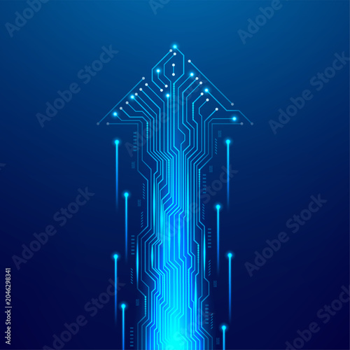 Technology arrow with circuit board lines. Digital data flow concept. Vector illustration with growing technology stream in arrow shape. Futuristic digital concept of tech connection and growth.