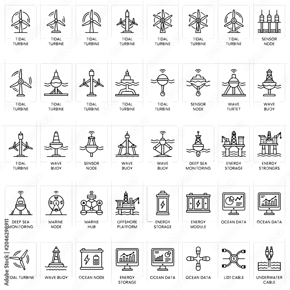 Naklejka premium Collection Of Marine Energy Icons Line Art Style