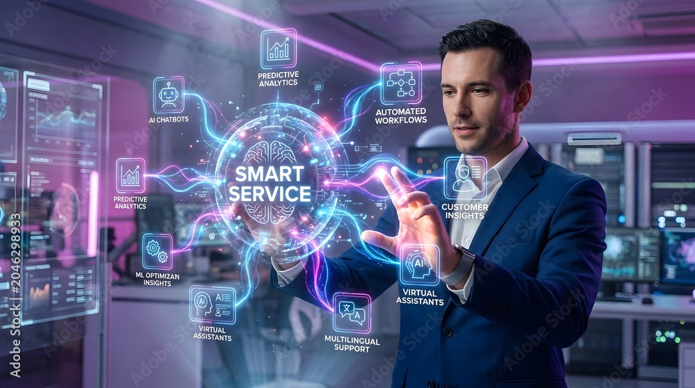 Obraz premium Man Interacting With Holographic Data Display Futuristic Business Technology