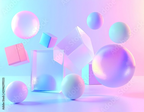 Abstract Geometric Shapes Floating in Pastel Gradient Light.