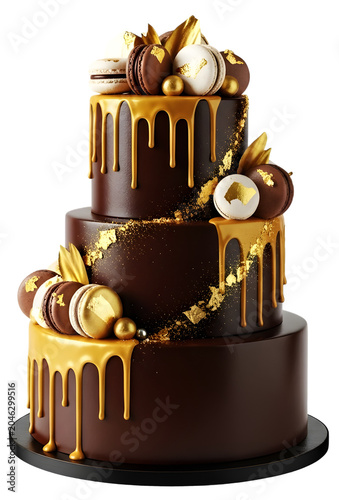 A luxurious three-tiered chocolate cake with gold accents and macarons on top Photo realistic image background removed. png