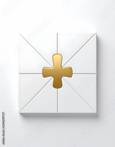 Golden Cross Symbol on White Geometric Background.