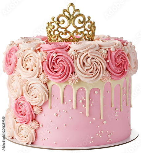 A beautifully decorated pink cake with a golden crown on top for a special celebration Photo realistic image background removed. png