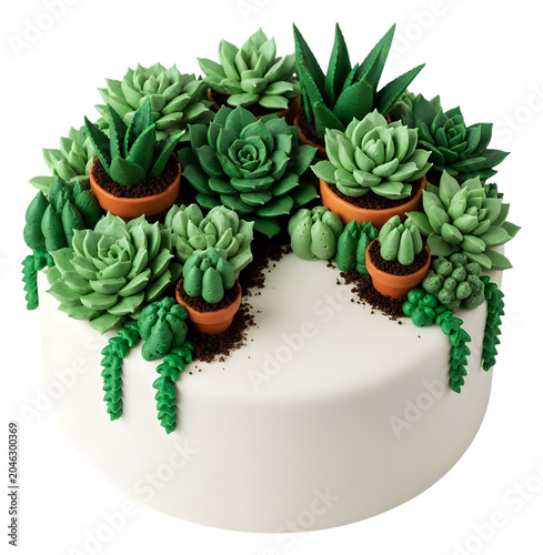 A beautifully decorated cake featuring a variety of succulents on top of it Photo realistic image background removed. png