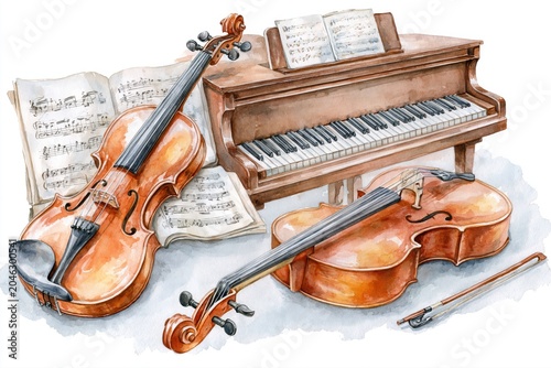Watercolor painting of violins, piano, and sheet music on white background