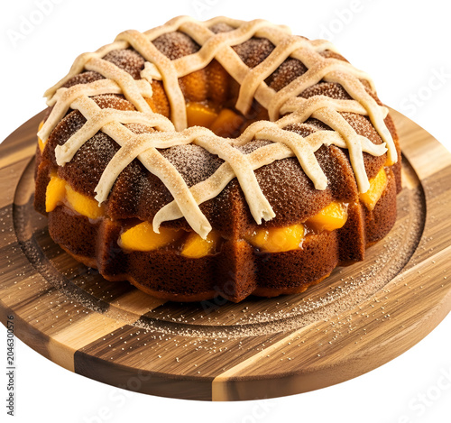 A beautifully decorated bundt cake on a wooden serving board with powdered sugar Photo realistic image background removed. png