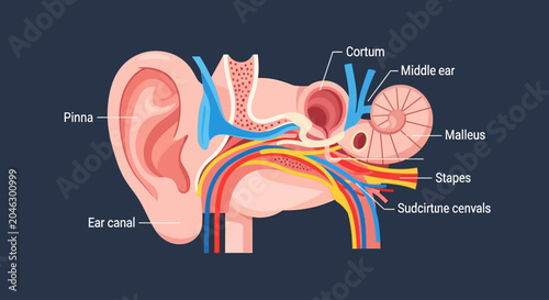 Schilderij op canvas Educational vector illustration of human ear anatomy with labels
