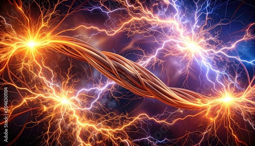Powerful Electrical Energy Flowing Through Twisted Wires with Lightning Strikes.