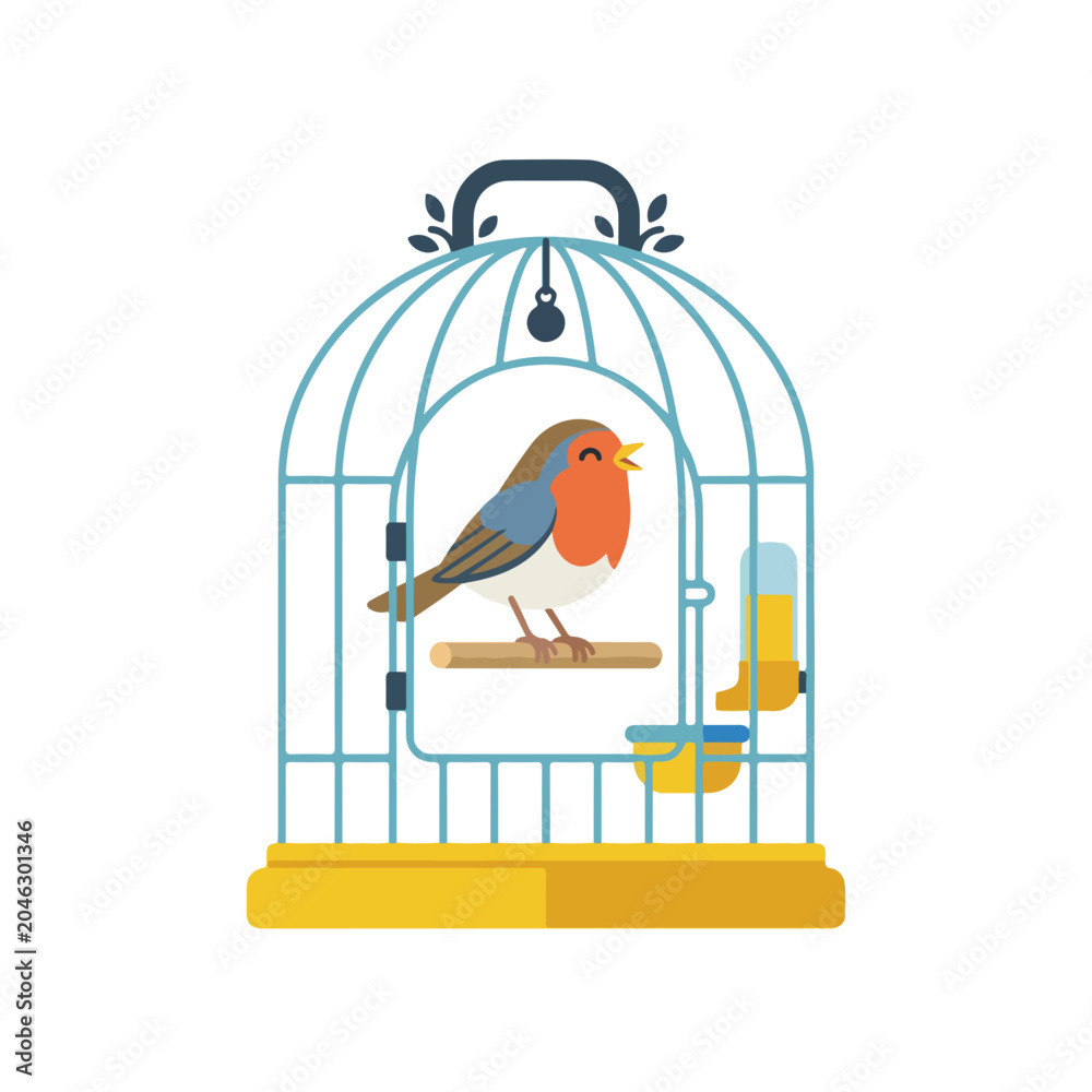 Fototapeta premium Bird in wire transport cage. Flat design vector illustration of pet bird in birdcage. Minimalist avian care and domestic pet graphic isolated on white background