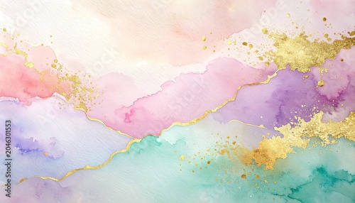 Abstract Watercolor Painting with Gold Accents and Pastel Hues.