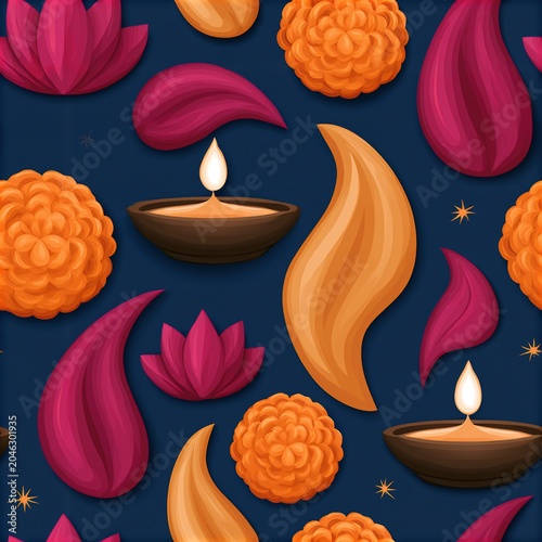 A seamless pattern of marigold flowers, lotus petals, and lit oil lamps on a dark blue background, symbolizing a festive and traditional celebration.