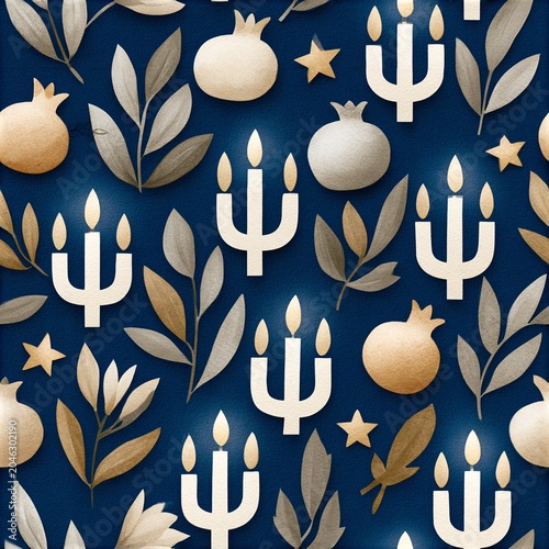 A seamless pattern featuring golden pomegranates, olive branches, stars, and stylized menorahs on a deep blue background.