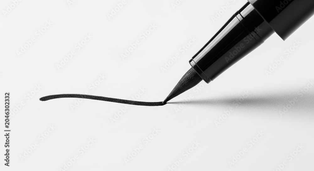 Fototapeta premium Liquid eyeliner pen tip drawing a precise black line on a clean white surface. Concept of makeup precision, beauty routine, and cosmetic application