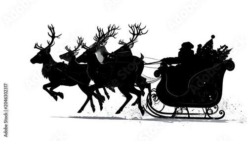 A black silhouette of a festive winter scene featuring a person and a child riding in a sleigh pulled by four reindeer