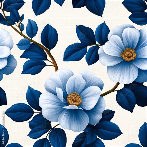 Elegant illustration of blue and white flowers with deep blue leaves on a light background, highlighting soft petals and detailed floral design.