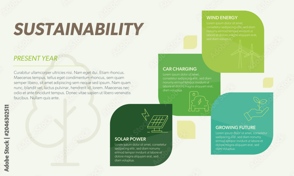 Obraz premium Sustainability Infographics in four steps. Fully editable vector illustration. Data graphs for climate flow charts, presentations and UI
