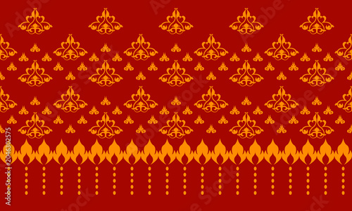 Traditional Thai Red and Gold Pattern Vector with Dok Prajam Yam and Flame Ornament Design