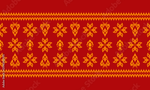 Red and Gold Traditional Thai Seamless Pattern with Floral and Flame Motifs for Textile and Decorative Design