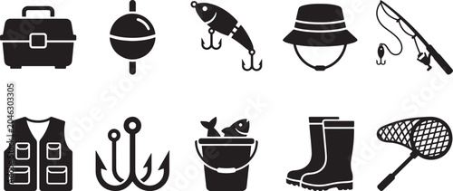 Bild auf Leinwand Fishing hooks and bait lures black glyph icons vector set