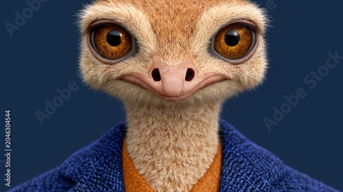 Quirky bird character dressed in a stylish blue suit, showing unique charm