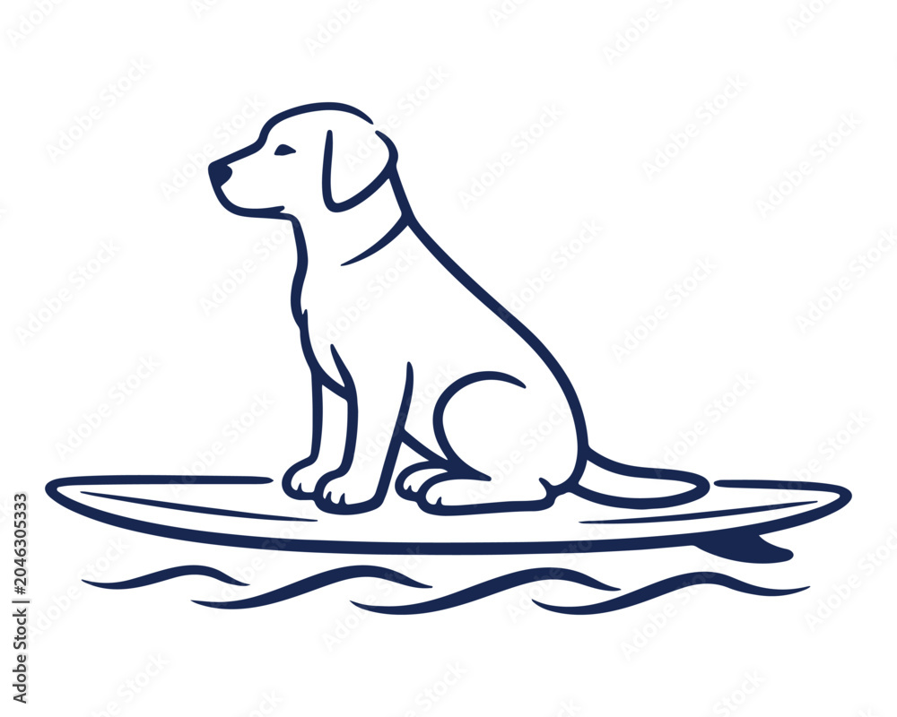 Fototapeta premium Minimalist navy blue line art of a dog on a surfboard, surfing labrador retriever vector illustration, coastal pet lifestyle graphic for summer apparel