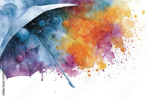 Watercolor umbrella with galaxy and planets, abstract colorful splash background