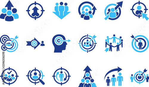 Collection of blue and cyan icons symbolizing target audience selection team growth and strategy on white background.