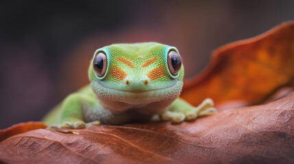 Gecko on a leaf with detailed eyes facing the camera ,cows, cutie puppy, kitten, sheep, parrot, lizard, photo style