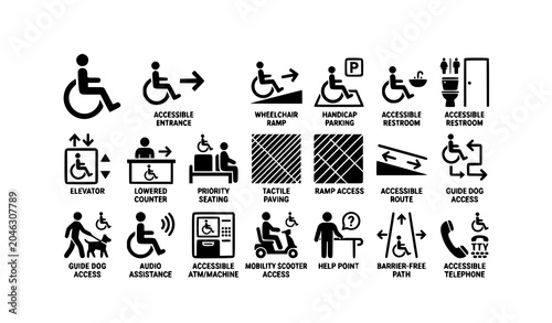 Minimalist wheelchair accessibility icons with universal access and disability support symbols
