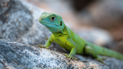 Small green lizard sitting on a rock and staring at the camera ,cows, cutie puppy, kitten, sheep, parrot, lizard, photo style